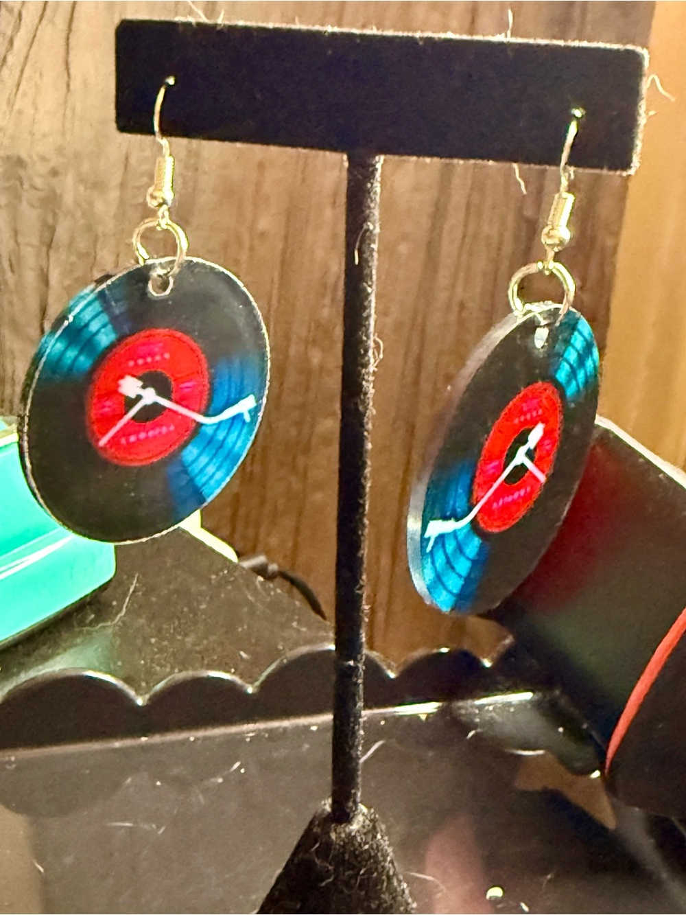 Blue & Red Vinyl Record Drop Earrings - Plastic Unbranded